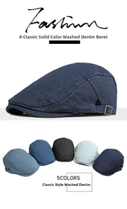 Detail einer gewaschenen Jeans-Baskenmütze mit verstellbaren Metallschnallen in fünf Farben