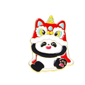 Enamel lion dance panda brooch pin featuring traditional Chinese opera and martial arts elements