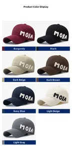 Grid view of MORA embroidered baseball caps in seven colors like burgundy and navy blue