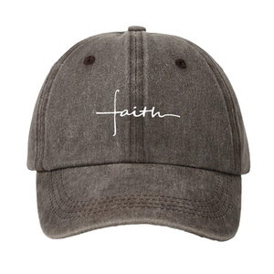 Unisex washed grey baseball cap with white faith embroidery on a clean white background