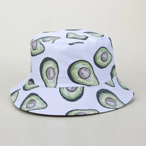 White cotton bucket hat with green avocado print for summer, double-sided sun protection