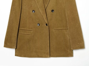 Detailed close-up of brown corduroy fabric texture and black buttons on a blazer