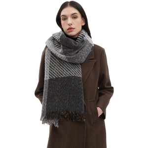 Classic oversized checkered scarf with fringe tassels in charcoal and light grey colors