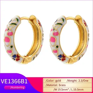 Floral enamel hoop earrings in gold brass with colorful butterfly pattern and 19.5mm size