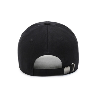Rear view of black cotton baseball cap with adjustable metal buckle on white background