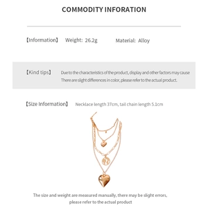Detailed size and weight specs for multi-layer heart and earth pendant gold necklace