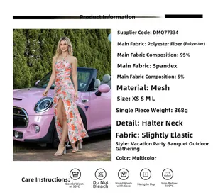 Detailed sizing chart and material specs for a floral mesh halter dress