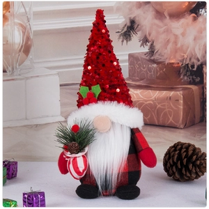 Detail of Christmas gnome featuring a red sequin hat, plaid body, and festive pine cones