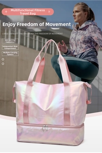 Pink iridescent travel bag featuring dry wet separation and bottom shoe compartment