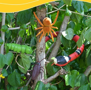 Detailed realistic robotic toy snake, spider, and insects in a natural bush setting