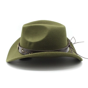 Close-up of dark green wool felt cowboy hat with vintage floral studded leather band
