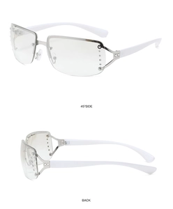 Detail view showing 45-degree angle and back of Y2K rimless rhinestone sunglasses