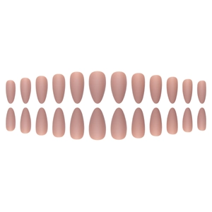 Matte nude pink almond shape press-on nails set with 24 pieces on white background