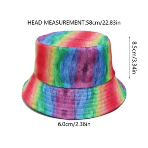 Size chart for rainbow tie-dye bucket hat showing 58cm head circumference and brim width