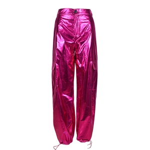 Hot pink metallic cargo pants featuring side large pockets and adjustable drawstring cuffs