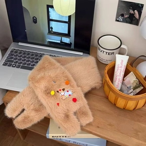 Cute brown plush cartoon dog winter gloves with soft fur and colorful pompom accents