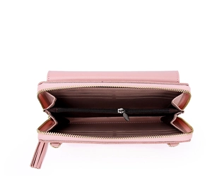 Interior view of pink leather wallet showing multiple card slots and zip pocket