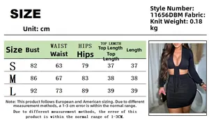 Size chart for knit long sleeve crop top and mini skirt set with measurements in cm