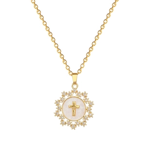 Elegant gold titanium steel cross necklace with star-shaped zircons on white background