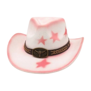 Detail of pink gradient cowboy hat featuring a metal bull buckle and star patterns