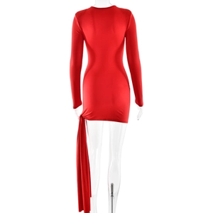 Back view of a tight red long-sleeved mini dress with side drape detail and slim fit cut