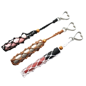 Handmade woven lipstick holder keychain with heart-shaped metal clasps in three colors