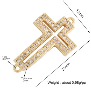 Gold-plated brass cross connector with micro-pave zircons for DIY jewelry making