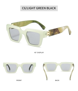 Square light green sunglasses with tortoiseshell temples and gray lenses in multiple views