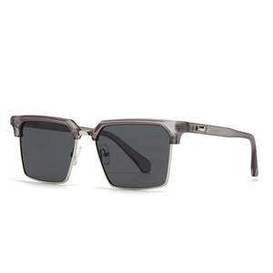 Square semi-rimless sunglasses with translucent grey frame and silver metal bridge