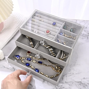 Three-layer clear acrylic jewelry box with grey velvet drawers and crystal handles