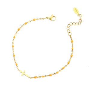 Detail of gold stainless steel bracelet with orange enamel beads and cross charm