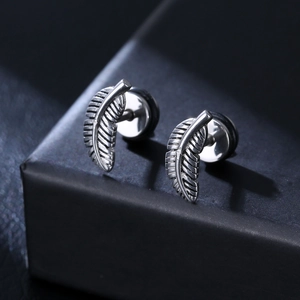 316L stainless steel punk feather stud earrings with detailed texture for men and women