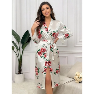White floral satin robe with red roses, V-neck design, and waist tie for a sleek look