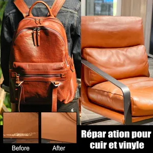 Macro detail showing brown leather repair cream effects on bag and sofa surface