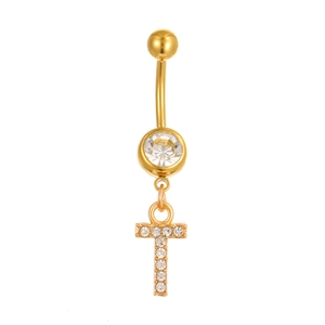 Piercing ombelico dorato con ciondolo lettera T, zircone tondo e barra curva in acciaio