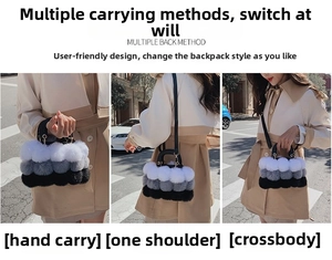 Three-way display of plush faux fur handbag in white, grey and black tricolor layers