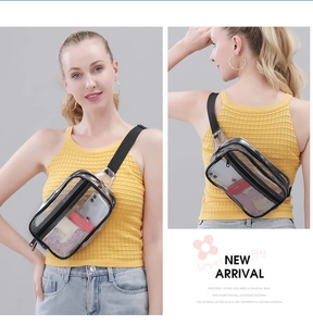 Detailed views of transparent PVC waist bag with black zipper and adjustable strap