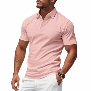 Close-up of pink slim fit polo shirt featuring red white and blue striped collar trim