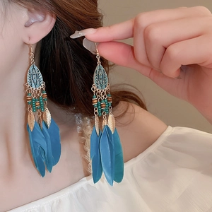 Bohemian blue feather earrings with water drop charms and leaf metal accents