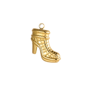 Detailed view of a gold high heel pendant with textured lattice pattern and top loop