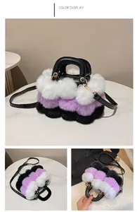 Detailed close-up of tri-color faux fur handbag showing white, purple, and black textures
