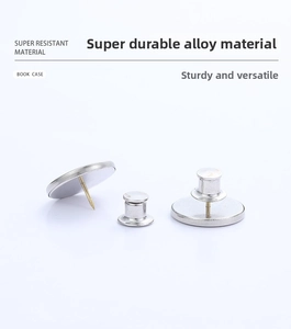 Detail of durable silver alloy magnetic curtain closure pins showing split pin and base