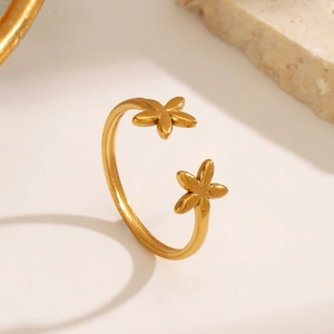 Minimalist 18K gold plated stainless steel open ring featuring dual flower ornaments