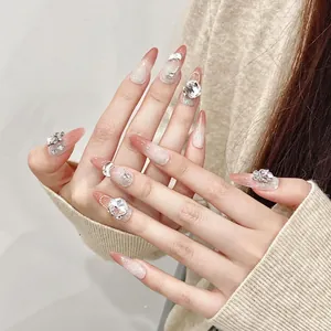 Handmade Press On Nails Long Stiletto Gradient Maillard Brown Rhinestone Artificial Pearl 3D Bow Glazed Fake Nails For Women