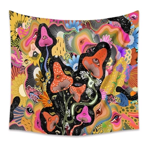 Detail of vibrant psychedelic mushroom tapestry with surreal eye motifs and colorful patterns
