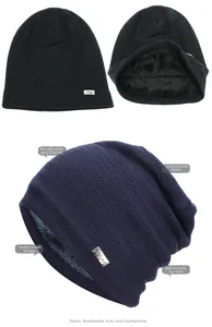 Détail de la doublure en polaire épaisse et texture tricotée en flèche de ce bonnet chaud