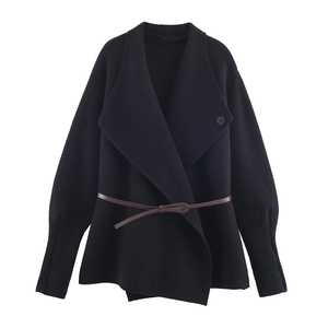 Women black long sleeve knit cardigan with lapel collar and brown leather belt accessory