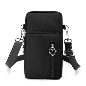 Minimalist black vertical crossbody phone bag with heart zipper and adjustable strap