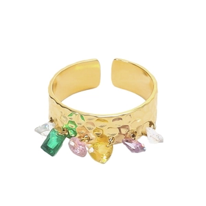 18K gold stainless steel open ring with hammer texture and colorful zircon charms