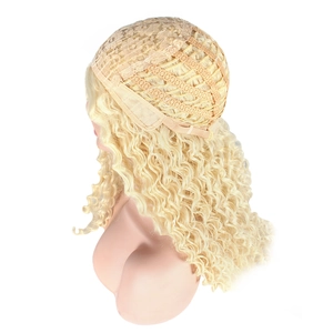 Detailed view of the internal mesh cap and adjustable straps of the curly blonde wig